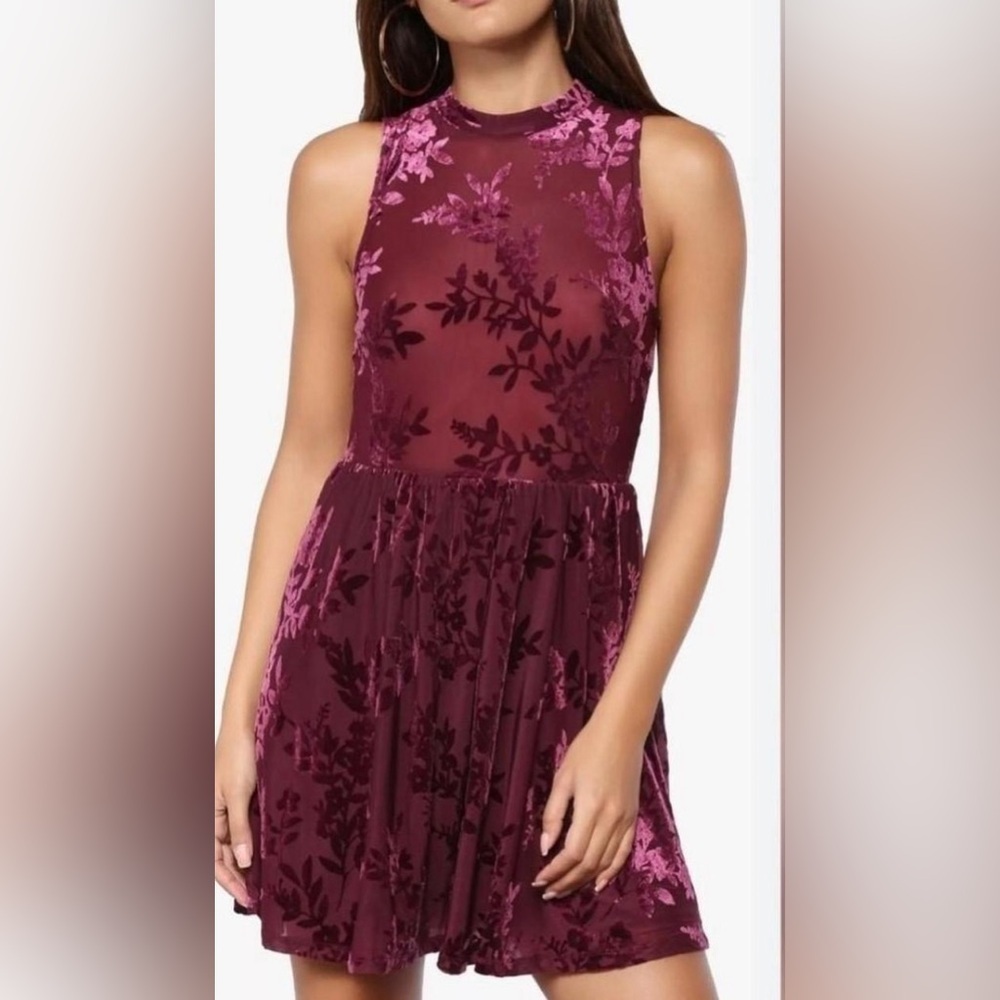 Forever 21 sheer botice maroon burn out velvet floral fit and flare dress